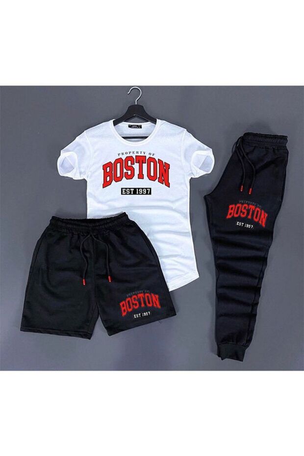 3-Piece Unisex Combination Compatible Printed White, Black, Red, Yellow T-shirt, Black Shorts and Sweatpants