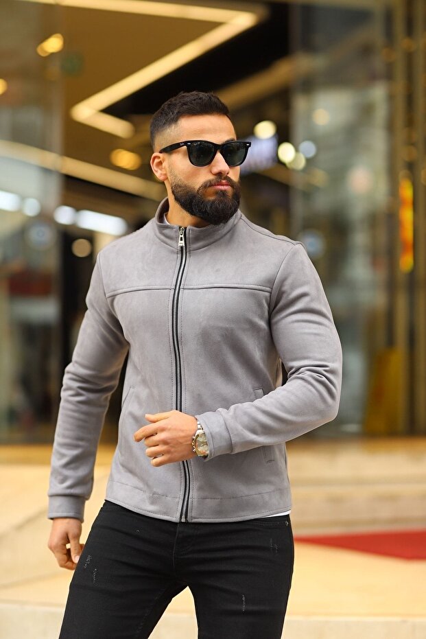 سترة الربيع من جلد الغزال الرمادي للرجال - 1