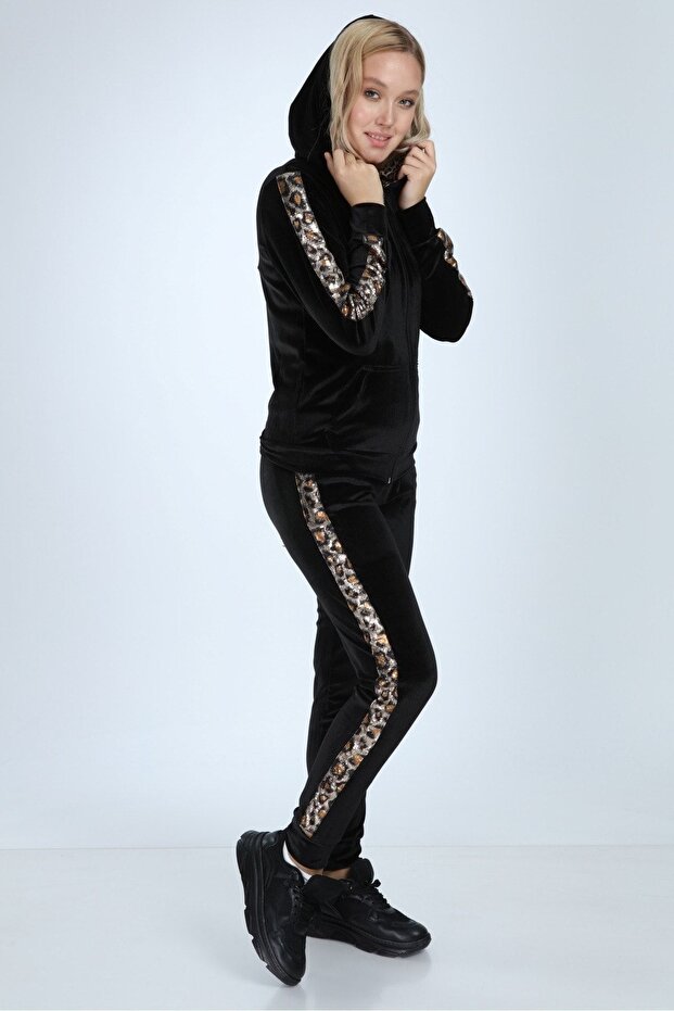 Women's Black Striped Velvet Tracksuit Set