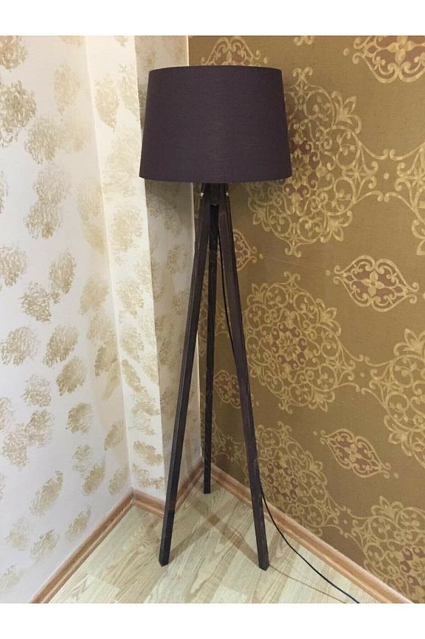 3 Ayaklı Lambader Ahşap Abajur Tripod Lamba Konik Başlık Kahve Kahverengi Ayak L336 - 1