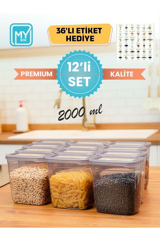 Set of 12 Labeled Food Storage Containers - Leak Proof Lid Pulses Storage Box 2000ml - 1