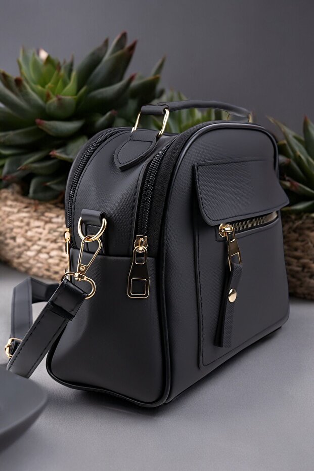 Women's Black Lacost Leather 3-Compartment Hand and Shoulder Bag with Adjustable Strap