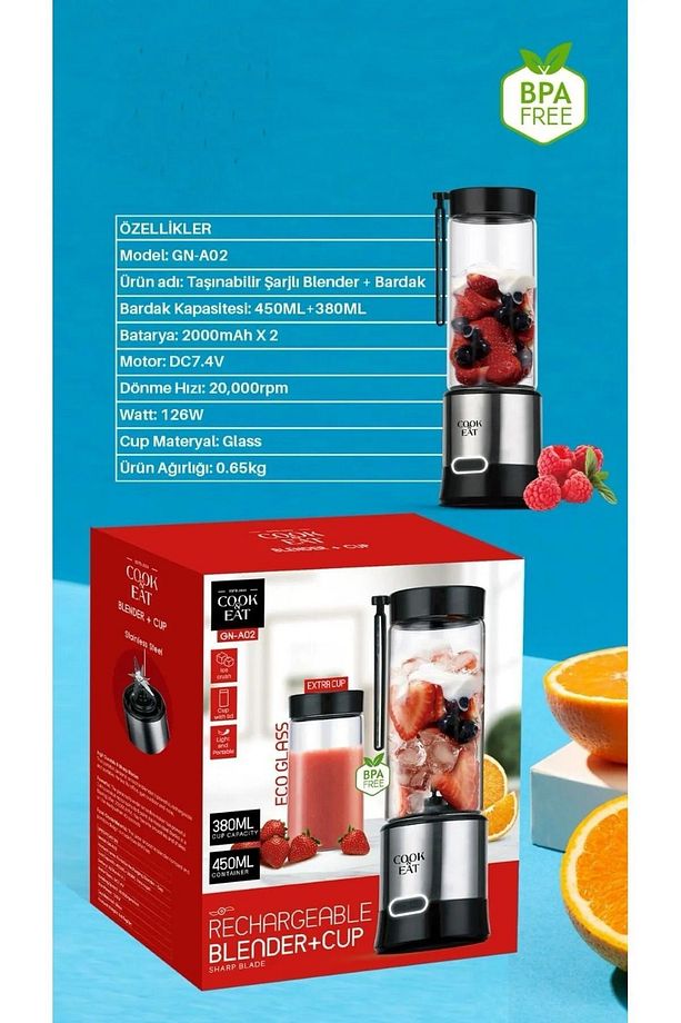 450 ml + 350 ml Bardaklı Şarj Edilebilir Blender Shake Smoothie Blender Keskin Bıçaklı Buz Kırıcı - 5
