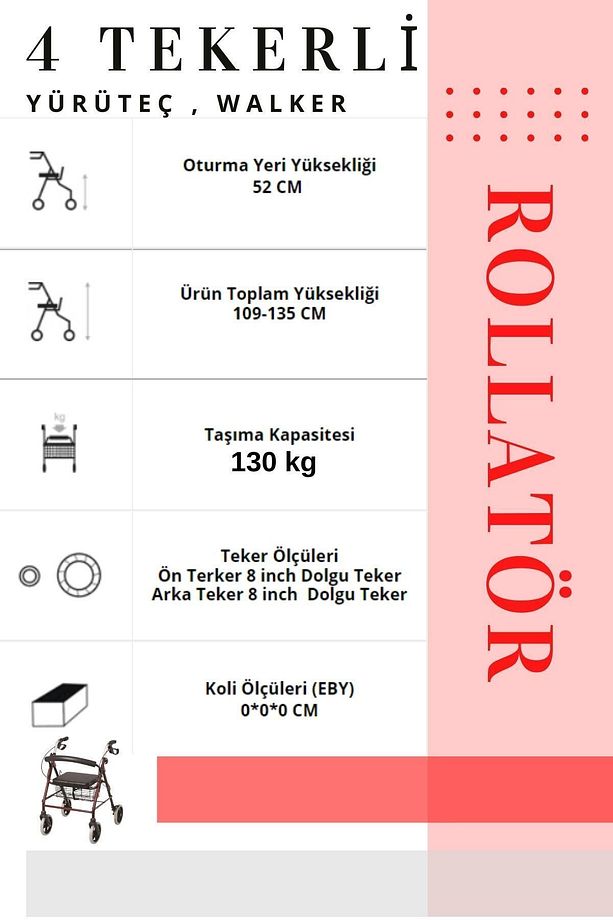 Rolatör 4 Tekerli Yürüteç | Rollatör | Lüx Oturaklı - 6