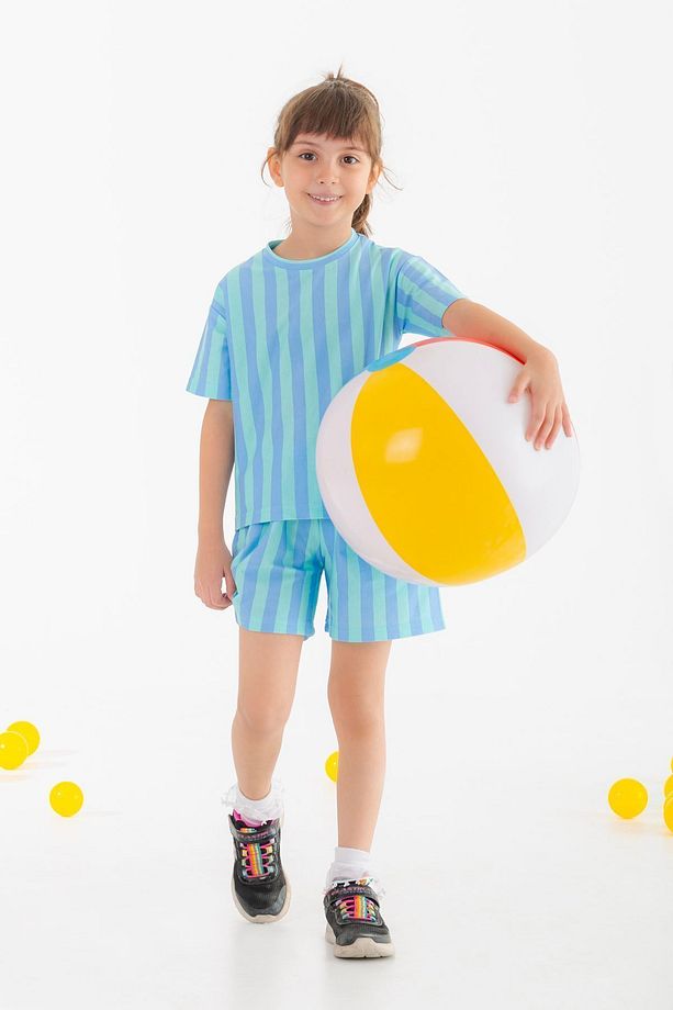 Mini Kids – Forest Yeşil Ve Mavi Renk %100 Pamuk, Lastikli Bel, Çizgili Çocuk Şort - 1