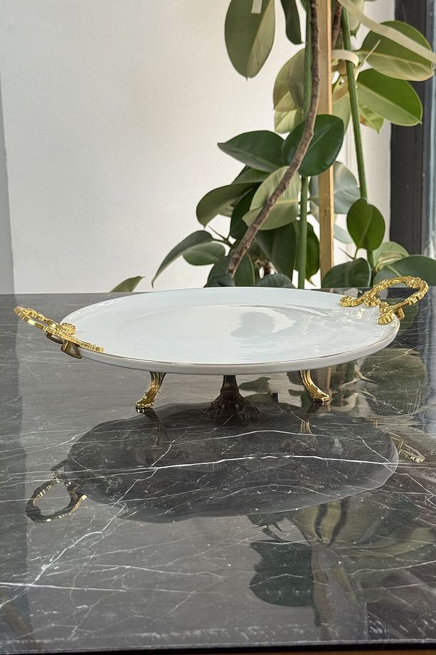Porselen Metal Kulplu Ayaklı Sunumluk Servislik Tabak (Yaldızlı) - 4