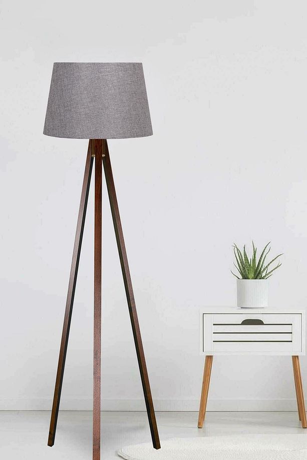 Lambader Ahşap 3 Ayaklı Tripod Lamba Abajur Konik Başlık Antrasit Kahverengi Ayak L238 - 1