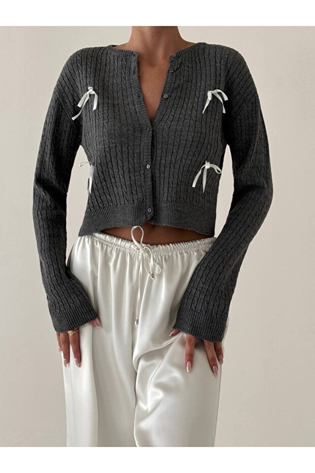 Smoked Mini Bow Detailed Buttoned Front Knitwear Cardigan-4375