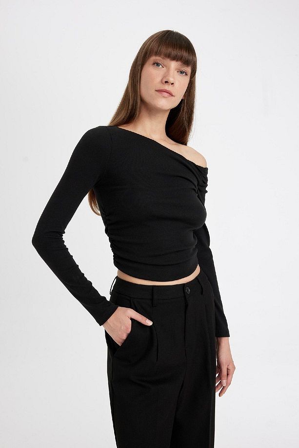 Siyah Slim Fit Dar Kesim Tek Omuzlu Ribana Basic Düz Uzun Kollu Tişört D4970ax24au - 4