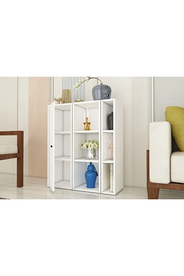 Sandara Tek Kapaklı 6 Açık Raflı Modern Beyaz Komodin - 3