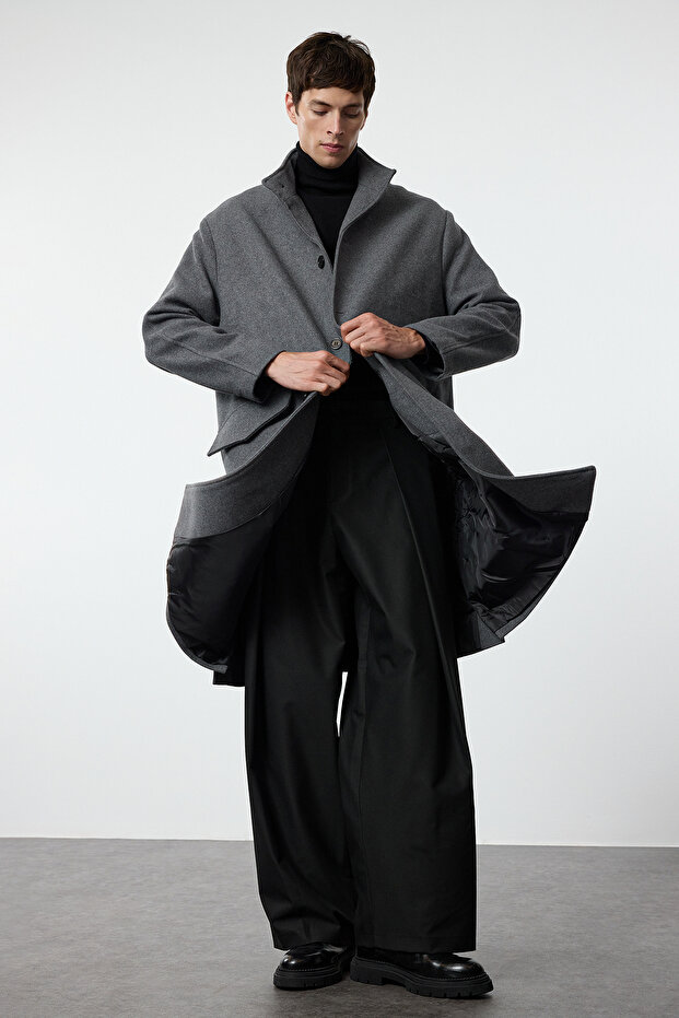 Antrasit Oversize Fit Dik Yaka Uzun Kaşe Kışlık Kaban TMNAW25KB00005 - 2