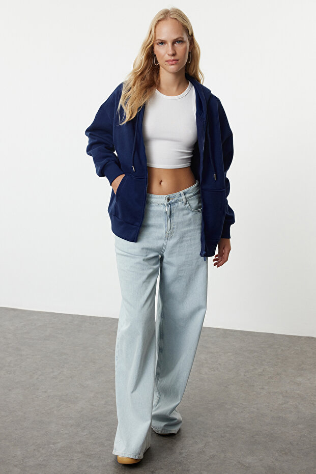 Koyu Lacivert Oversize/Rahat Kesim Fermuarlı Kalın İçi Polarlı Örme Sweatshirt TWOAW24SW00188 - 1