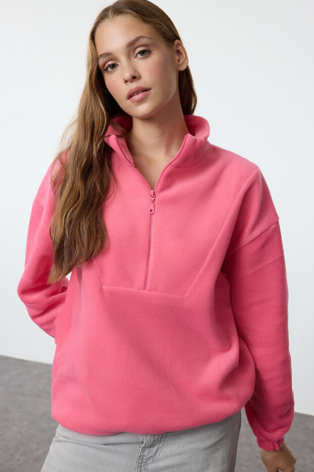 Fuşya Fermuarlı Dik Yaka Polar Regular/Normal Kesim Örme Sweatshirt TWOAW21SW0758 - 1