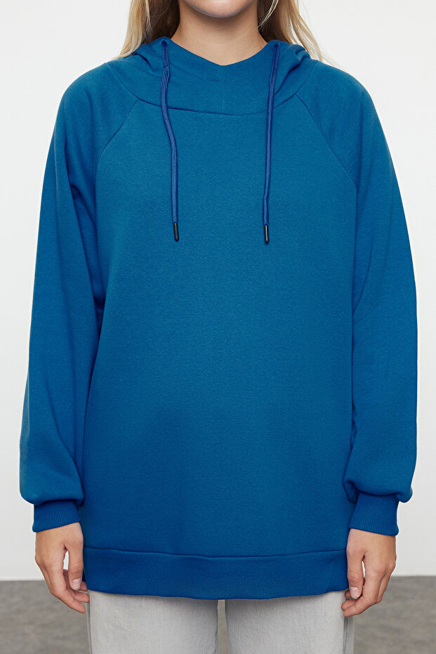 Saks Kapüşonlu Oversize Şardonlu Örme Sweatshirt - 3