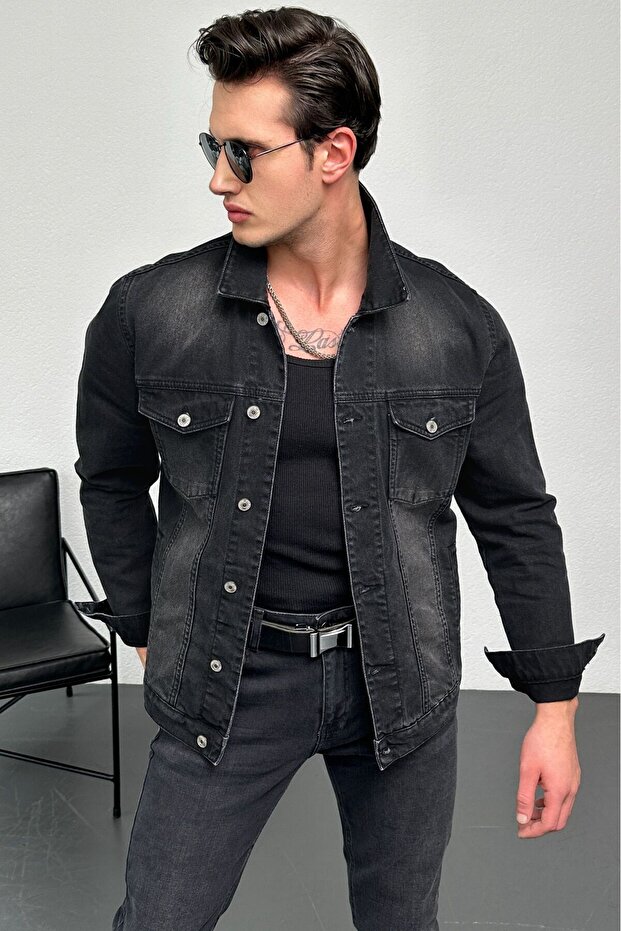 HLT JEANS Erkek Antrasit Jean Denim Standart Kalıp %100 Pamuk Cepli Düğmeli Kot Ceket HLTHE042101