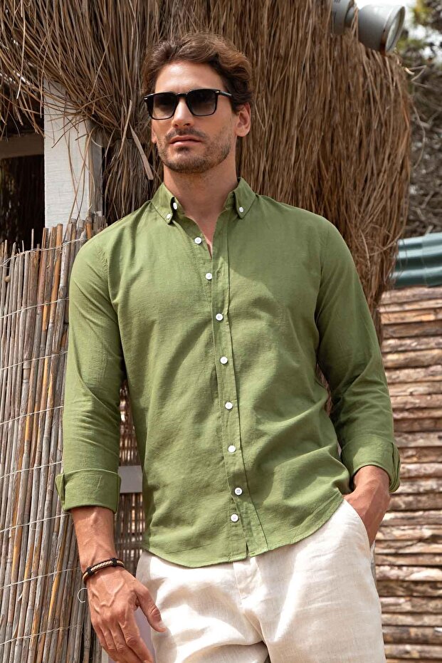 Men's Slim Fit Slim Fit Long Sleeve 100% Cotton Linen Texture Buttoned Lapel Khaki Shirt
