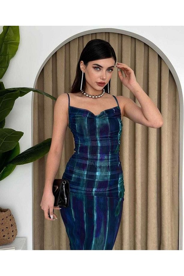 AYARLANABİLİR  ASKILI  SIRTI FERMUARLI ,ÖNÜ KOMPLE DRAPE MİDİ BOY TÜL ELBİSEMİZ 1.KALİTE - 3