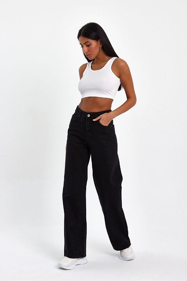 Penolope Women's Black High Waist Zippered Wideleg Jean Pantalon