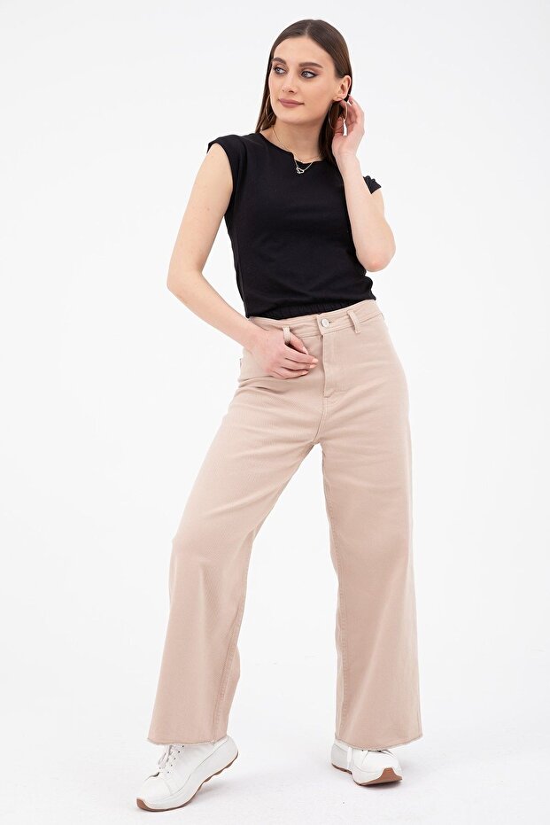Penolope Women's Beige Wide Leg Jean Trousers