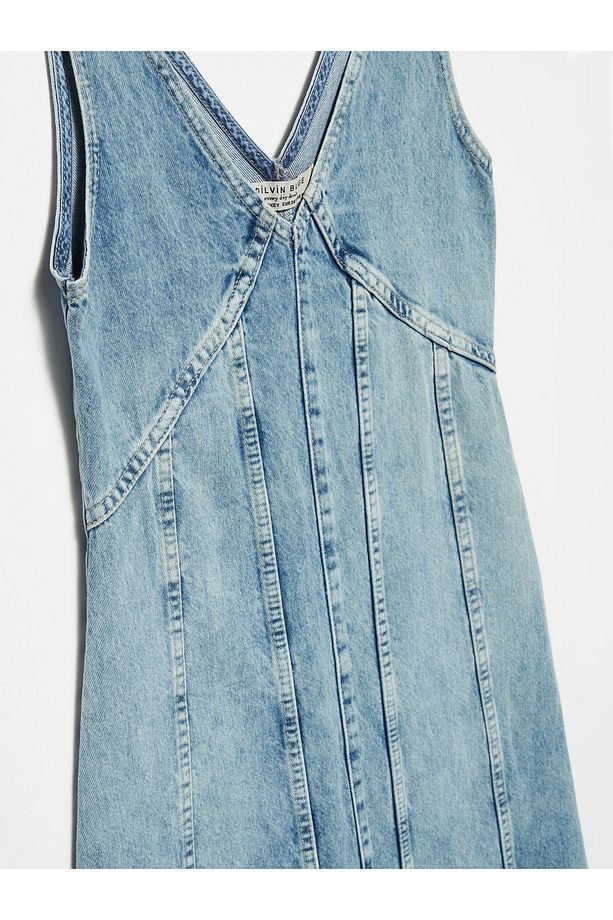 90519 Önü Ve Arkası Açık Uzun Denim Elbise-Tint - 3