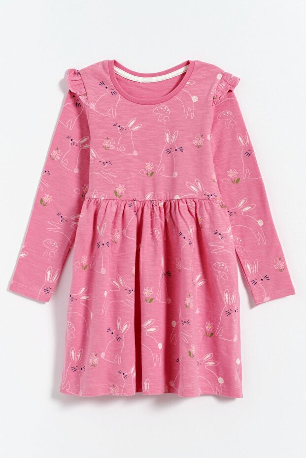 100% Cotton Rabbit Printed Ruffle Drawstring Detailed Girl's Dress - Pink
