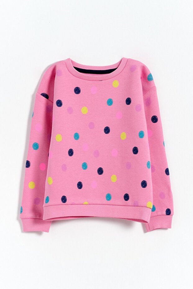 100% Cotton Polka Dot Printed Girl's Sweatshirt - Pink