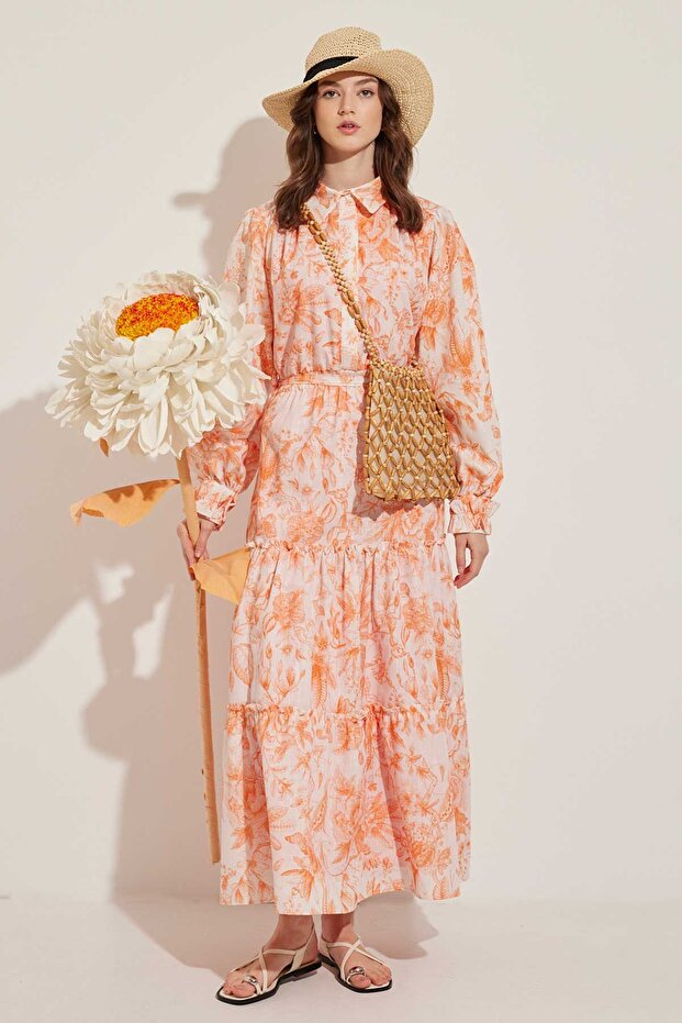 SOFT FLORAL LINEN DRESS - ORANGE