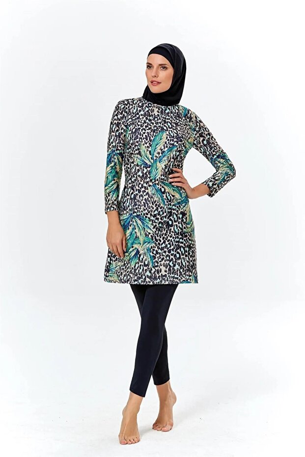 0704-1197 Black Leopard Pattern Long Sleeve Hijab Swimsuit