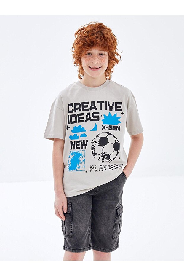 Lcw Kids Beige Oversize Crew Neck Boys' T-Shirt