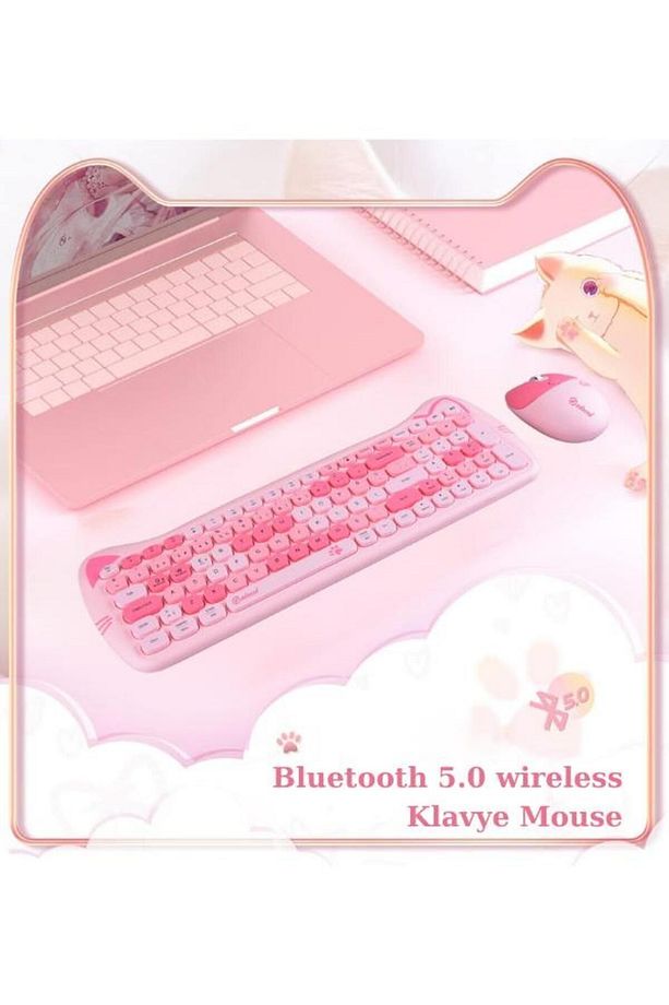 Sevimli Kedi Kablosuz Klavye ve Mouse Seti Bluetooth + 2.4G Dual Mode - 3