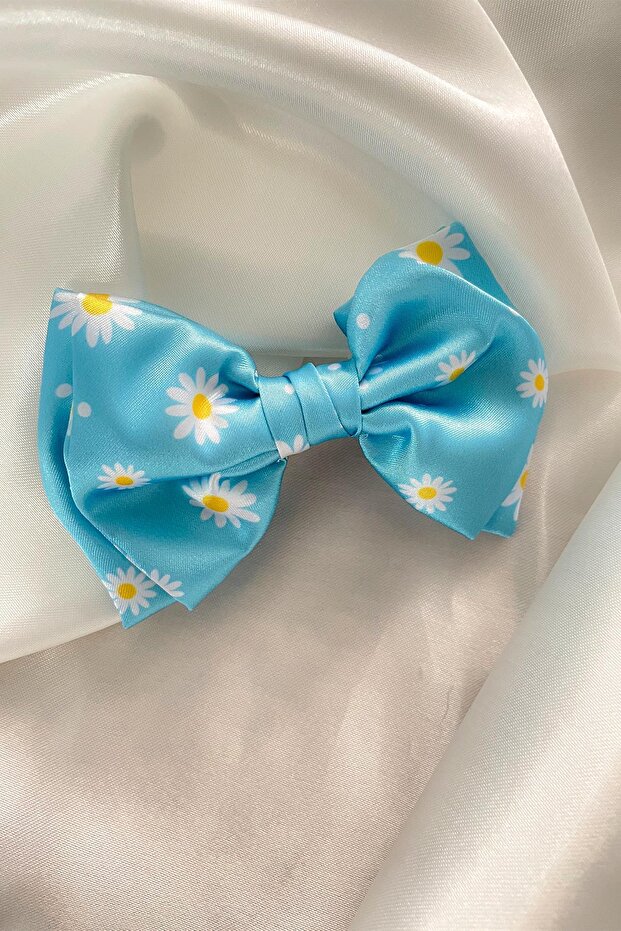 Blue Daisy Patterned Bow Automatic Hair Clip - 1
