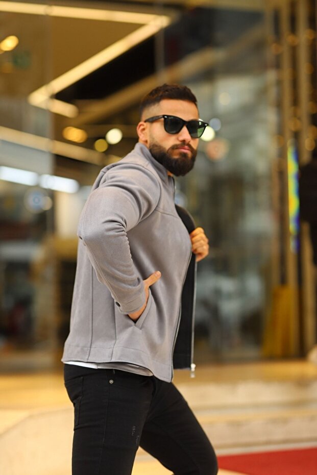 سترة الربيع من جلد الغزال الرمادي للرجال - 2