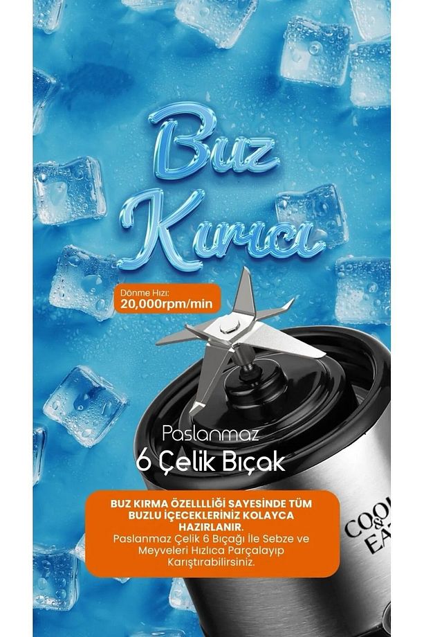450 ml + 350 ml Bardaklı Şarj Edilebilir Blender Shake Smoothie Blender Keskin Bıçaklı Buz Kırıcı - 3