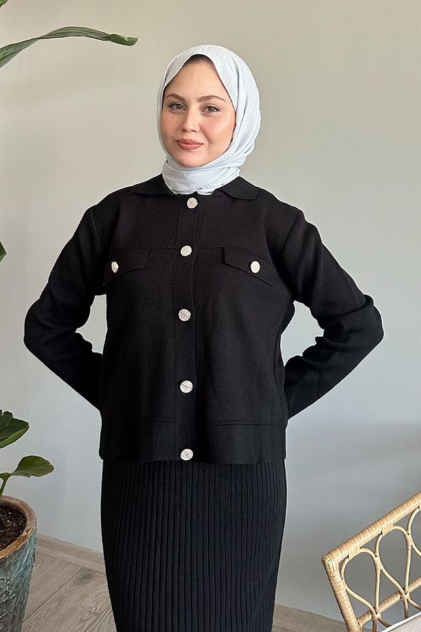 Ceketli Elbiseli Siyah Triko Takım - 4