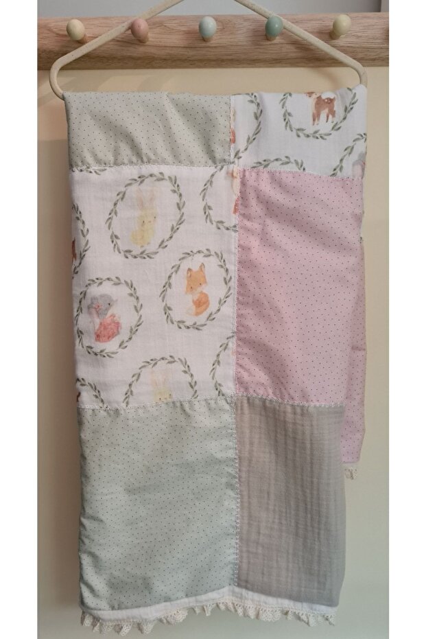 Patchwork Muslin And Cotton Poplin Fabrics Baby Blanket, Baby Gift