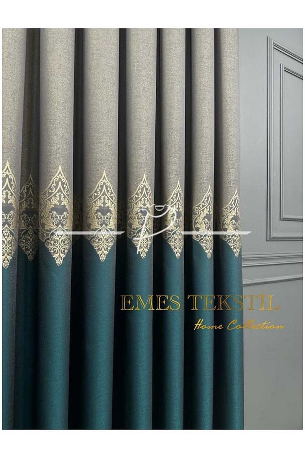 Taş - Yeşil Pano Fon Perde, Lüks Desenli Perde,A KALİTE,Blackout 1*3 Sık Pile,(TEK KANAT) - 1
