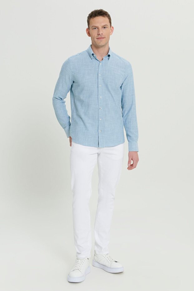 Men's Green 100% Cotton Slim Fit Slim Fit Hidden Button Collar Linen Look Flame Shirt