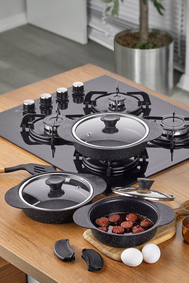 طقم مقالي Granit Plus من 3 قطع بمقبض سيليكون، باللون الأسود - 3521