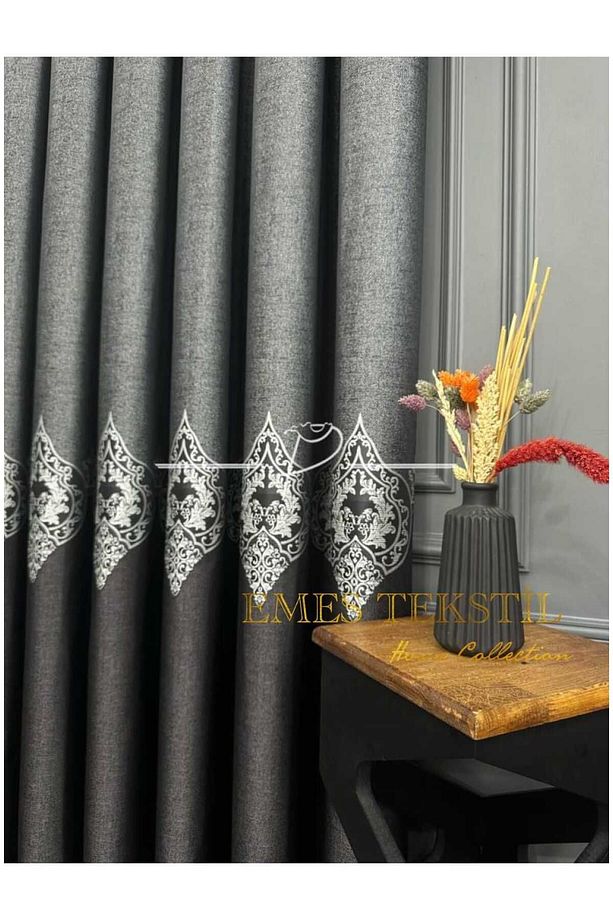 Siyah - Gri, Pano Fon Perde, Lüks Desenli Perde,A KALİTE,Blackout 1*3 Sık Pile,(TEK KANAT) - 2