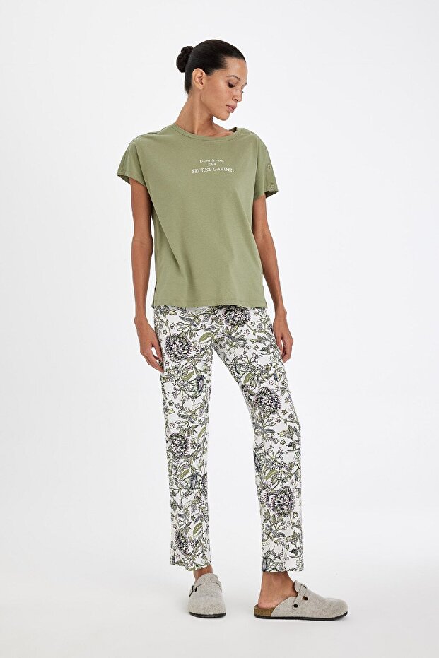 Pajama Set Printed Short Sleeve Top Patterned Elastic Waist Bottom-Fall in Love D5660Ax24Au - 2