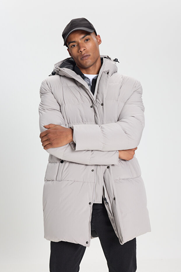 Erkek Taş Standart Fit Normal Kesim Kapüşonlu Dik Yaka Yan Cepli Kaban - 1