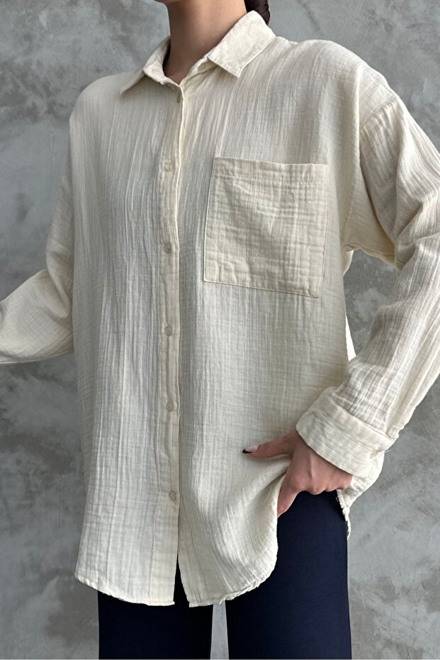 Kadın Krem Oversize Basic Pamuk Gömlek - 5