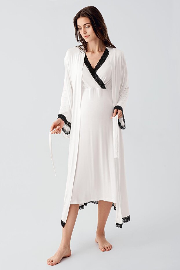 Long Sleeve Lycra Viscose Maternity Nightgown Dressing Gown Set