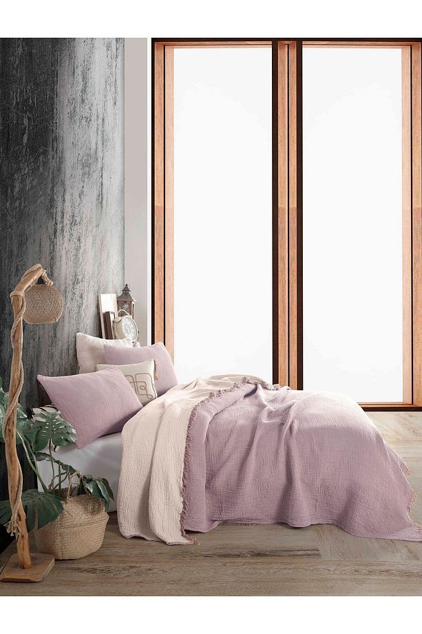 Lila Renkli 4 Katlı Multi Muslin %100 Pamuk Tek Kişillik Yatak Örtüsü 160x240cm - 6