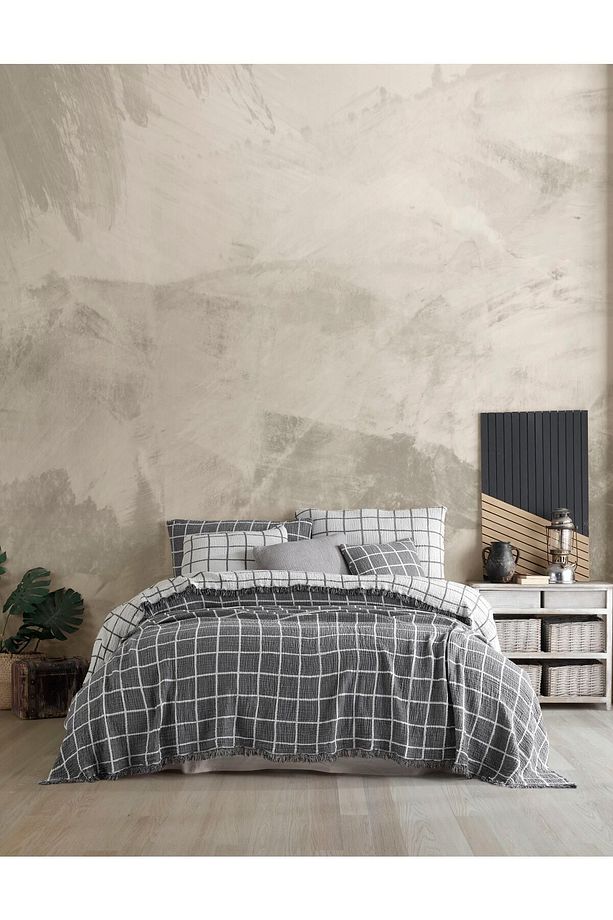Gri Kare Desenli Naturel 4 Katlı Multi Muslin %100 Pamuk Tek Kişillik Yatak Örtüsü 160x240cm - 1