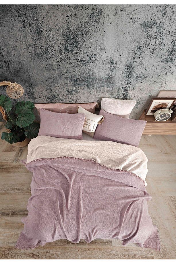 Lila Renkli 4 Katlı Multi Muslin %100 Pamuk Tek Kişillik Yatak Örtüsü 160x240cm - 4