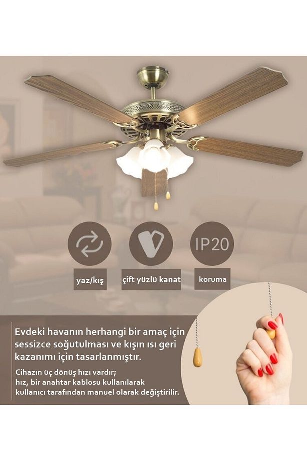 Aydınlatmalı Tavan Vantilatörü Pervaneli Avize Lamba Işıklı Tavan Pervanesi Ahşap Hasır Vantilatör - 7
