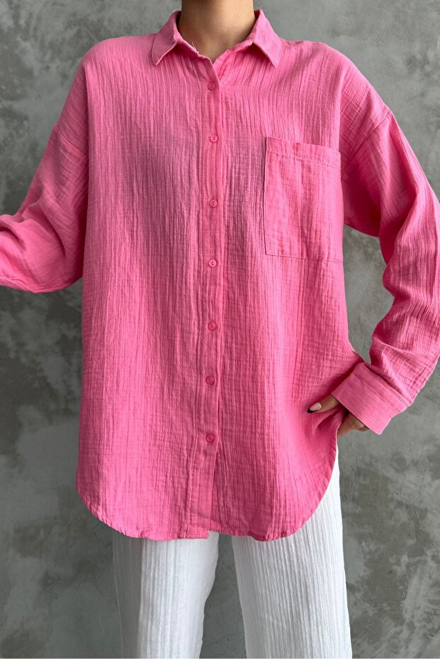 Kadın Şeker Pembe Oversize Basic Pamuk Gömlek - 4