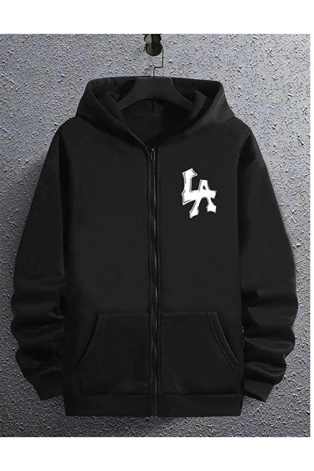 Men's Black Oversize La Written Zippered Jacket