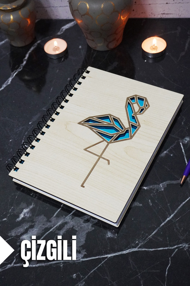 Flamingo Themed Wooden Cover Notebook - Lined Notebook - Agenda - School Notebook (A5 - 120 Pages)